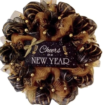 Cheers To The New Year Handmade Deco Mesh Wreath - Image 1 of 2