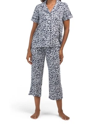 Nuevo con etiquetas Conjunto de pijama/salón recortado tejido ARTSY LEOPARD Natori azul marino/blanco M BOLSILLOS Foto 1 de 4