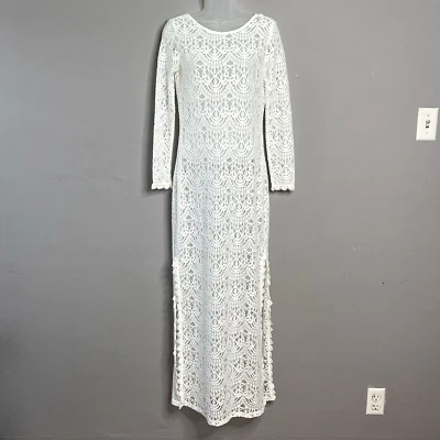 H&M Divided White Lace Sheer Maxi Dress Size 6 Long Sleeve Open Back Beach Bride - Image 1 of 4