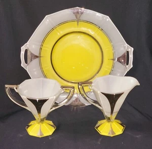 VINTAGE ART DECO INDIANA GLASS YELLOW, WHITE & PLATINUM SERVING PLATE, CREAMER & - Picture 1 of 20