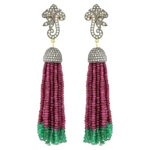 Beaded Syn Emerald & Lab Ruby Tassel Earrings 925 Fine Silver Cocktail Jewelry - Picture 1 of 7