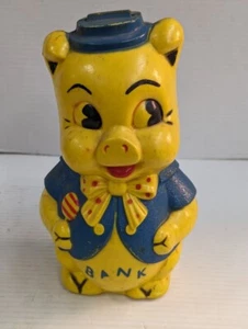 Vintage 10” Yellow Blue Empire Pig Piggy Blow Mold Plastic Bank. no plug - Picture 1 of 4