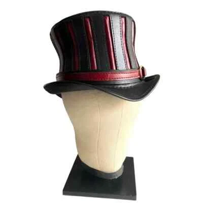 Black and Red Leather Top Hat -The Red Mad Hatter- Hand Crafted -22.5” - Image 1 of 4