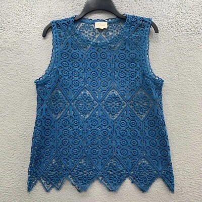 Anthropologie Deletta 蕾丝钩针编织背心衬衫蓝色蓝绿色 S 码 — 第 1/4 张图片