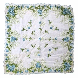 Vintage Taschentuch Taschentuch blau 14x14 bestickt gewellter Saum Rosen Babys Atem - Bild 1 von 3