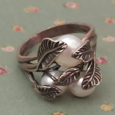 Anillo Vintage Artesanal Art Nouveau Perlas Hojas Hada Plata Sólida Real Regalo 3D Foto 1 de 4