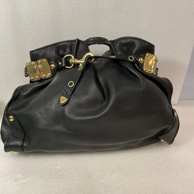 Cartera de cuero negra rara Early Miu 15 pulgadas herrajes dorados hecha en Italia Foto 1 de 4