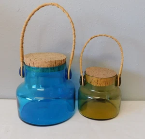 Set of 2 Vintage 1960s Takahashi Blue Glass Cork Jar with Rattan Handle MCM - Picture 1 of 5