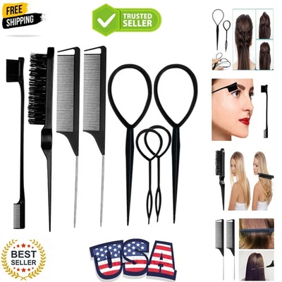 Набор из 8 черных щеток для волос с 4 инструментами для верхнего хвоста, щеткой для дразнения щетиной... - Изображение 1 из 4