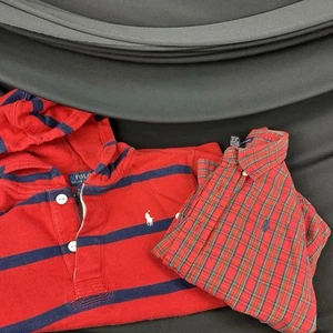 POLO RALPH LAUREN Plaid Shirt Red Striped Cotton Rugby Hoodie Size 4/5 - Picture 1 of 5