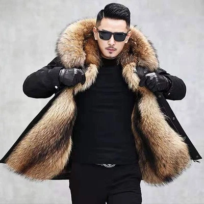 Men's Mink Fur Lining Parka Jacket Warm Winter Coat Mink Fur Mid Long Fur Coats - Image 1 of 4