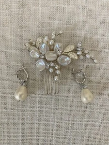 Bridal Hair Piece and Earrings Set Silver Pearls New! - Picture 1 of 10