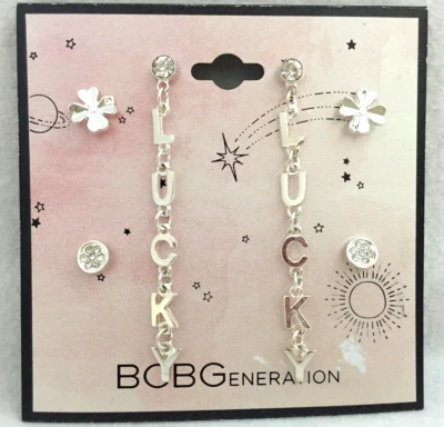 Pendientes BCBGeneration Suerte Post Flor Estrás Trébol Tono Plata 3 Pares Foto 1 de 4