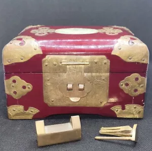 Vintage Chinese Wood Brass,Carved Jade Jewellery Box With Chinese Lock Included - Picture 1 of 18