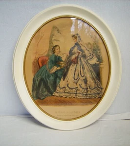 Vtg Oval Frame Print La Mode Illustree French Ladies Blue Paris Fashion 20x16.5" - Picture 1 of 5