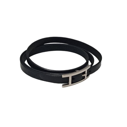 HERMÈS Hermes Bracciale Autentico Pelle Hapi 3 Bracciale Girocollo Nero Argento Ferramenta