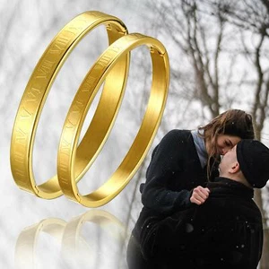 2 Pcs Gold Men Women Roman Numeral Bangle Bracelet Stainless Steel Couple Gift - Picture 1 of 12