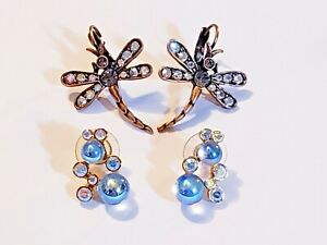  2 Piece Kirks Folly Crystal Accent Dragonfly and "Bubbles" Pierced Earring Lot