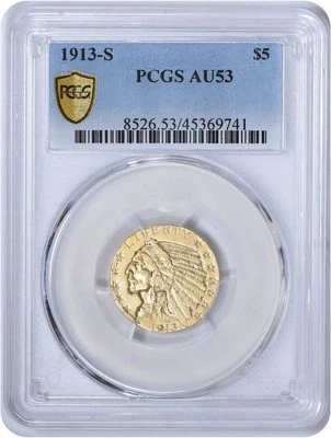 1913-S $5 Gold Indian AU53 PCGS - Image 1 of 2