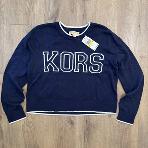 Michael Kors Navy KORS Logo Crewneck Knit Sweater Women's Size Medium Luxury NWT - Picture 1 of 6