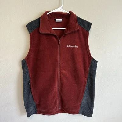 Columbia Para Hombres Mediano Ladrillo Rojo Gris Polar Cremallera Chaleco Bolsillos Ligero Foto 1 de 4