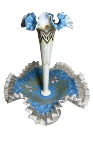 Blue White Ruffled Victorian Hand Painted Enamel 2 Pc Blown Single Horn Epergne - Picture 1 of 13