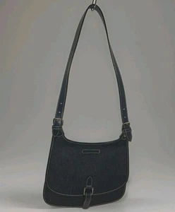 VTG Dooney Bourke Purse Blue Denim Leather Handbag Adjustable Strap Saddle Bag - Picture 1 of 23