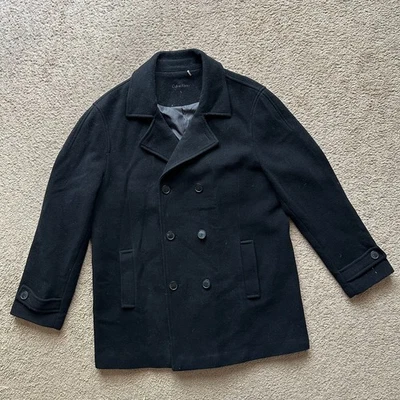 Calvin Klein Pea Coat Mens Large Wool Blend Double Breast Black Button Close - Image 1 of 4