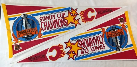 Vintage 1989 Clagary Flames Stanley Cup NHL Hockey Pennant Flag (Pair of 2) Cover