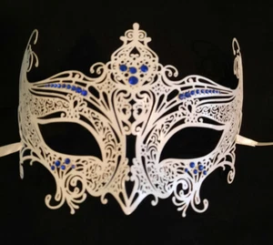 Regal White Blue Crystal Wedding Laser Cut Mask Metal Filigree - Picture 1 of 3