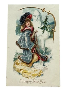 Tucks Postal Mujer y Muñeco de Nieve Feliz Año Nuevo Serie Nº 113 Repujado - Imagen 1 de 2