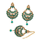 New Bridal Maang Tikka Earring Set Kundan Pearl Gold Tone Indian Green Jewelry