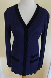 MISOOK PURPLE RIBBED KNIT w/BLACK TRIM CONICAL BUTTON CARDIGAN WORK CAREER LN S - Picture 1 of 3