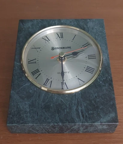 Vintage Benchmark Slanted Quartz Desk Clock Green Marble Cover