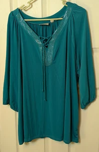 Avenue Teal Top size 22/24 Lace Up Neckline Studded Tunic 2X Aquamarine Shirt - Picture 1 of 3