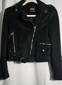Zara Basic Outerwear Damen Wildlederimitat Schwarz Cropped Moto Jacke Größe XS - Bild 1 von 6