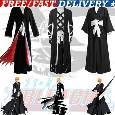 Bleach Ichigo Kurosaki Bankai Uniform Cloak Pants Wig Halloween Cosplay Costume& - Image 1 of 4