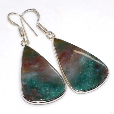 Bloodstone 925 镀银手工耳环 2 英寸民族珠宝 GW — 第 1/3 张图片