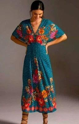 Vestido Anthropologie Blank London Talla Única Verde azulado Tatiana Floral Midi Kimono Boho Foto 1 de 4