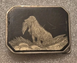 Hebilla de cinturón vintage de Bill Callahan perro caza perro vida silvestre en peltre - Imagen 1 de 8