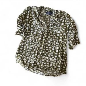 G.girl Blouse Girl 10Y Green Olive Ditsy Floral Top Ruffle Neck 3/4 Sleeve - Picture 1 of 4