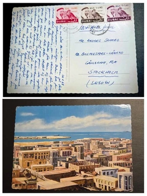 MUY RARA POSTAL DE LA DUBAI 1968 VISTA VINTAGE ENVIADA A SUECIA ÚNICA Foto 1 de 3