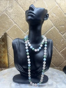 Vintage Blue Stone, Pink Quartz And Green Jade Jadeite Necklace 34” - Imagen 1 de 13