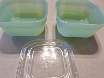 Pair of Vintage 1950's Fire King Jadeite Refrigerator Dishes with One Lid - Image 1 of 4