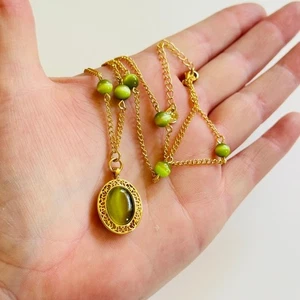 En Route green Cat eye stone Cab gold necklace regal Victorian style collar 21" - Picture 1 of 5