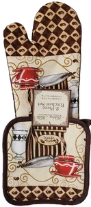 2pc PRINTED SET: 1 OVEN MITT & 1 POT HOLDER, COFFEE CUP & COFFEE BEANS,brown,AsM - Picture 1 of 6