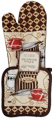 ASHLEY MILLS 2pc PRINTED SET: 1 OVEN MITT & 1 POT HOLDER, COFFEE CUP & COFFEE BEANS,brown,AsM