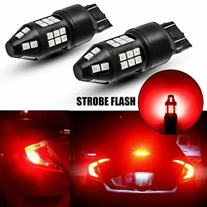 2pcs Red LED 7443 Strobe Blinking Flashing Brake Stop Light Bulb Safety Warning - Picture 1 of 12