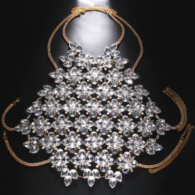 Women Rhinestone Chest Vest Luxury Flowers Party Club Show Body Chain 21019 - Image 1 of 4