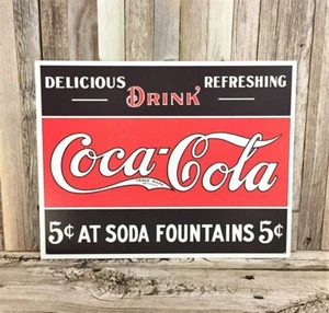 Coca-Cola Coke 5 Cents Soda Fountain Metal Tin Sign Vintage Kitchen Red Black - Picture 1 of 2